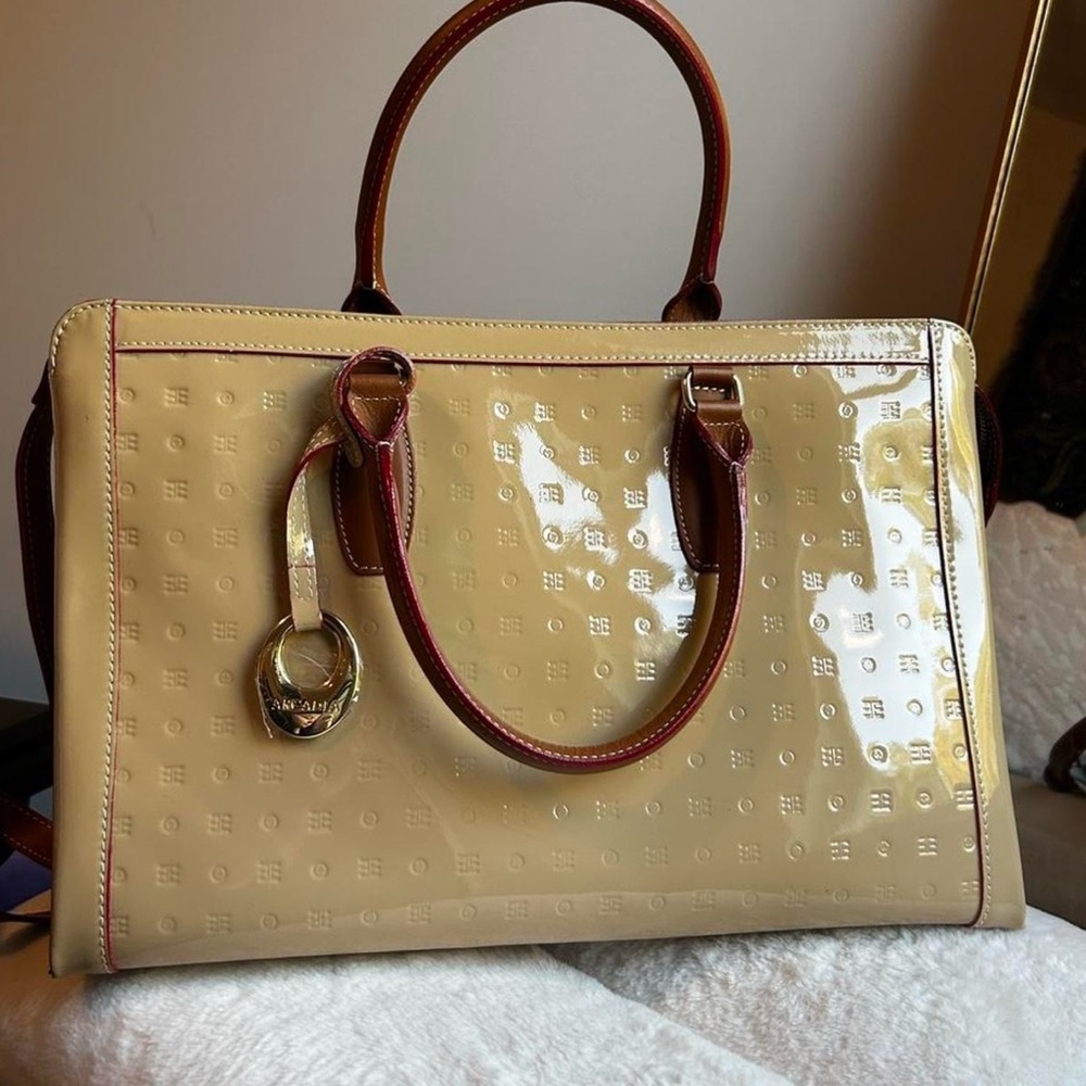 Arcadia NWT Natalia Glossy Beige and Brown Satchel.